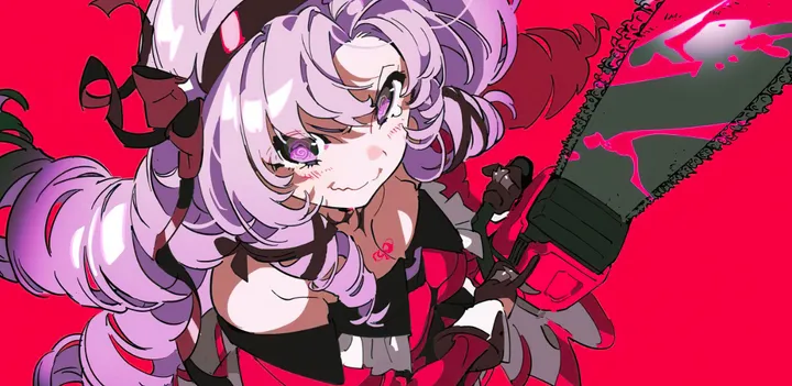 1girl,virtual_youtuber,ribbon,from_above,bangs,solo,hairband,hair_ribbon,gloves,holding,simple_background,horizontal,weapon,light_purple_hair,looking_at_viewer,smile,purple_hair,purple_eyes,red_background,red_dress,tattoo,chest_tattoo,blood,dress,drill_hair,chainsaw,long_hair,bare_shoulders,off_shoulder,off-shoulder_dress,black_hairband,black_gloves