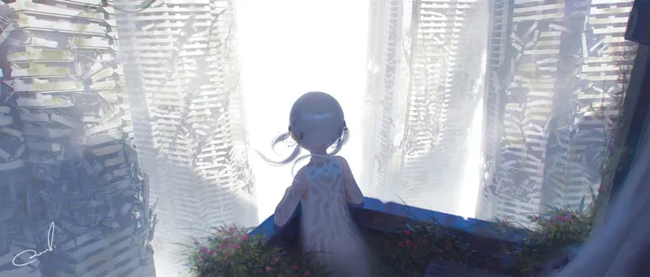 1girl,solo,twintails,ruins,building,skyscraper,sleeveless,sleeveless_dress,overgrown,plant,horizontal,white_hair,white_dress,signature,from_behind,dress,bare_shoulders,facing_away,scenery,flower