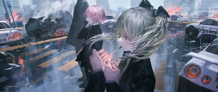 2girls,ribbon,crosswalk,twintails,smoking,ground_vehicle,city,multiple_girls,hair_ribbon,jacket,building,outdoors,lighter,motor_vehicle,horizontal,formal,car,fire,smoke,short_hair,pink_hair,blue_eyes,shirt,suit,road,blonde_hair,long_hair,long_sleeves,necktie,cigarette,black_jacket