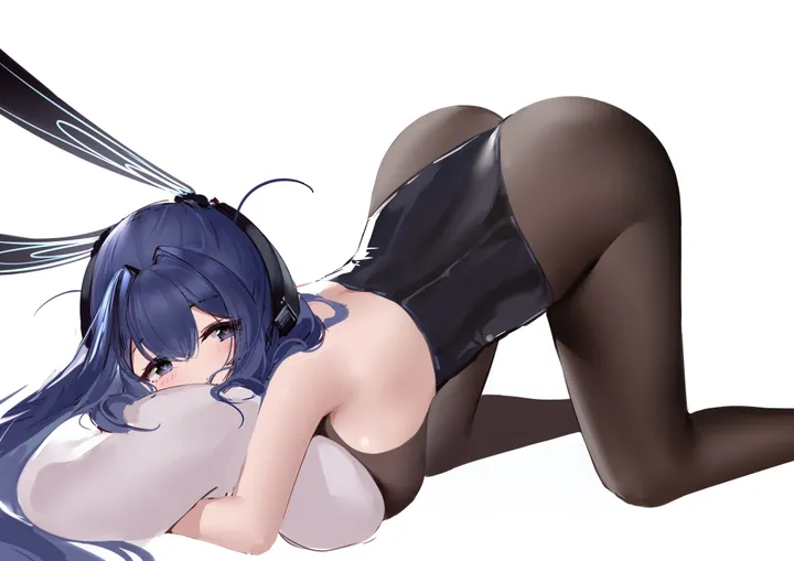 1girl,breasts,playboy_bunny,rabbit_ears,animal_ears,fake_animal_ears,solo,all_fours,official_alternate_costume,pillow_hug,ass,object_hug,strapless,strapless_leotard,simple_background,pillow,horizontal,white_background,looking_at_viewer,leotard,top-down_bottom-up,blush,blue_hair,blue_eyes,large_breasts,pantyhose,long_hair,bare_shoulders,black_pantyhose,black_leotard