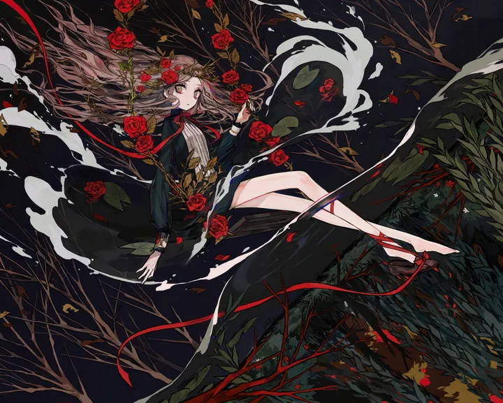 1girl,ribbon,solo,leaf,hair_ornament,tree,brown_hair,horizontal,rose,red_ribbon,red_rose,red_eyes,red_flower,bare_legs,barefoot,dress,long_hair,long_sleeves,floating_hair,flower,black_dress