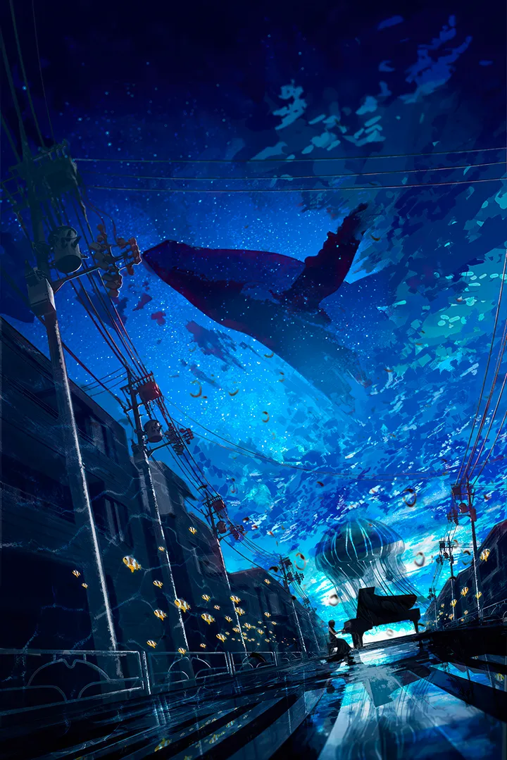 1girl,grand_piano,instrument,cloud,solo,reflection,sitting,night,night_sky,sky,outdoors,star_sky,starry_sky,water,jellyfish,no_humans,playing_instrument,utility_pole,power_lines,vertical,blue_theme,surreal,piano,music,scenery,fish,whale