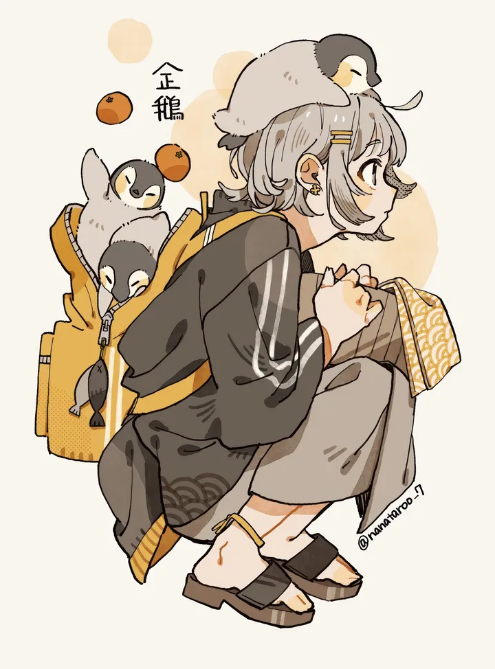 1girl,penguin,from_side,profile,full_body,sandals,bangs,animal,bag,solo,backpack,hairclip,on_head,animal_on_head,hair_ornament,jacket,twitter_username,orange_fruit,fruit,grey_hair,grey_skirt,jewelry,short_hair,skirt,piercing,vertical,earrings,anklet,mandarin_orange,squatting,long_sleeves,seigaiha,food,bird,black_jacket