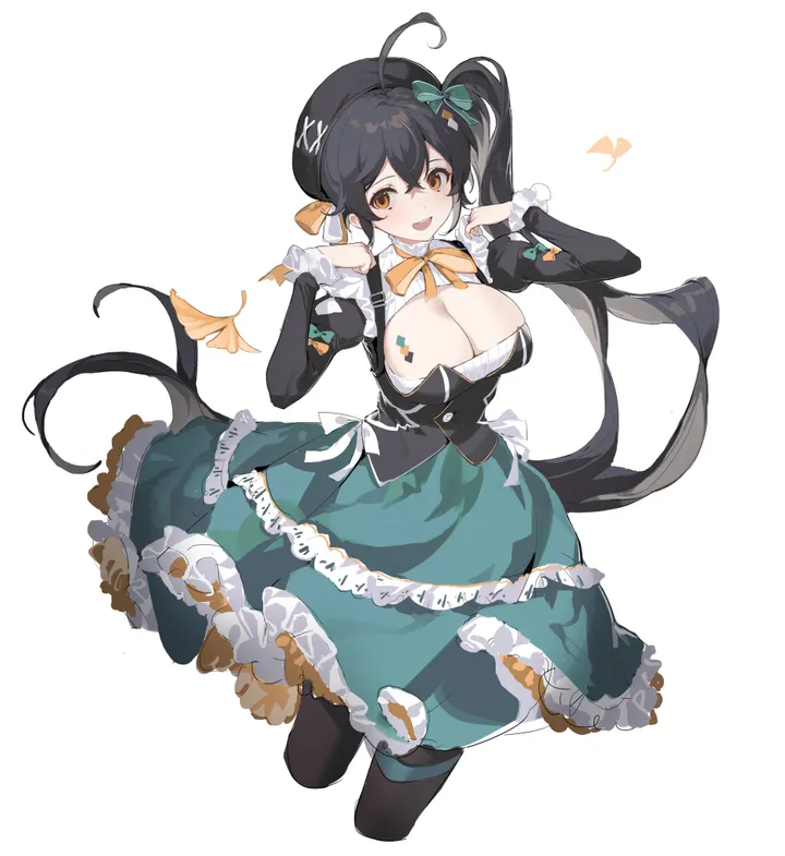 1girl,breasts,cleavage,side_ponytail,bangs,cropped_legs,solo,hands_up,ahoge,hair_ornament,hat,hair_between_eyes,open_mouth,very_long_hair,juliet_sleeves,simple_background,brown_eyes,orange_eyes,orange_bow,white_background,looking_at_viewer,skirt,vertical,smile,tattoo,green_skirt,frills,frilled_skirt,frilled_dress,puffy_sleeves,bow,hair_bow,clothing_cutout,beret,large_breasts,dress,pantyhose,long_hair,long_sleeves,cleavage_cutout,bowtie,black_hair,black_headwear,black_pantyhose