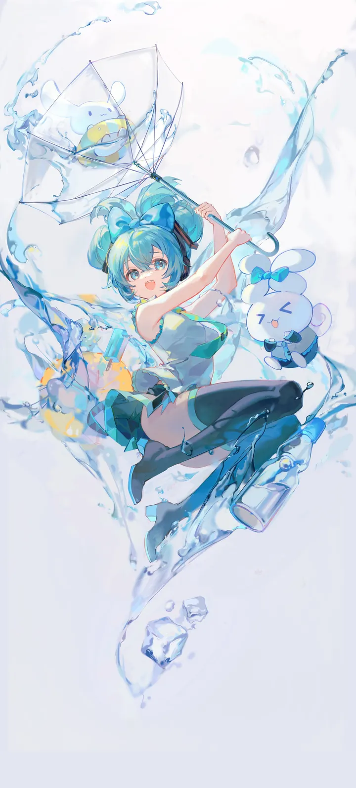 1girl,full_body,bangs,updo,open_mouth,holding,holding_umbrella,sleeveless,sleeveless_shirt,collared_shirt,simple_background,water,aqua_hair,aqua_eyes,aqua_necktie,grey_shirt,bottle,white_background,pleated_skirt,looking_at_viewer,skirt,vertical,smile,ear_bow,blue_hair,blue_eyes,blue_bow,bow,hair_bow,shirt,crossover,thighhighs,transparent,transparent_umbrella,boots,umbrella,bare_shoulders,necktie,thigh_boots,black_skirt,black_footwear