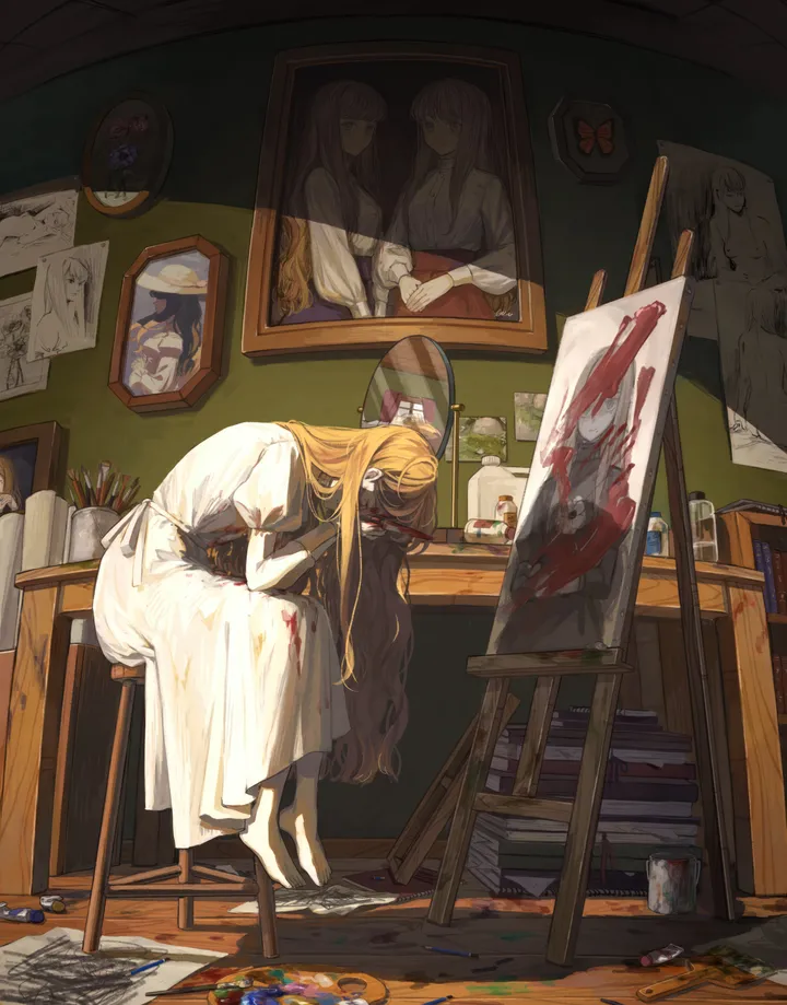 1girl,book,full_body,stool,bangs,solo,sitting,indoors,very_long_hair,holding,holding_paintbrush,painting_object,wooden_floor,juliet_sleeves,chair,painting_action,paint_splatter,canvas_object,easel,white_dress,vertical,paintbrush,red_bow,puffy_sleeves,bow,blood,barefoot,palette_object,leaning_forward,dress,blonde_hair,long_hair,long_sleeves,paint