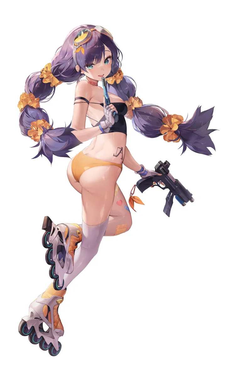 1girl,medium_breasts,breasts,full_body,underwear,panties,bangs,solo,twintails,tongue_out,sunglasses,hair_ornament,ass,open_mouth,very_long_hair,gloves,holding_weapon,scrunchie,holding_gun,holding,roller_skates,simple_background,gun,orange_bikini,weapon,bikini,swimsuit,skates,white_gloves,white_background,white_thighhighs,inline_skates,looking_at_viewer,eyewear_on_head,vertical,smile,purple_hair,tattoo,tongue,blue_eyes,thighhighs,long_hair,bare_shoulders,choker