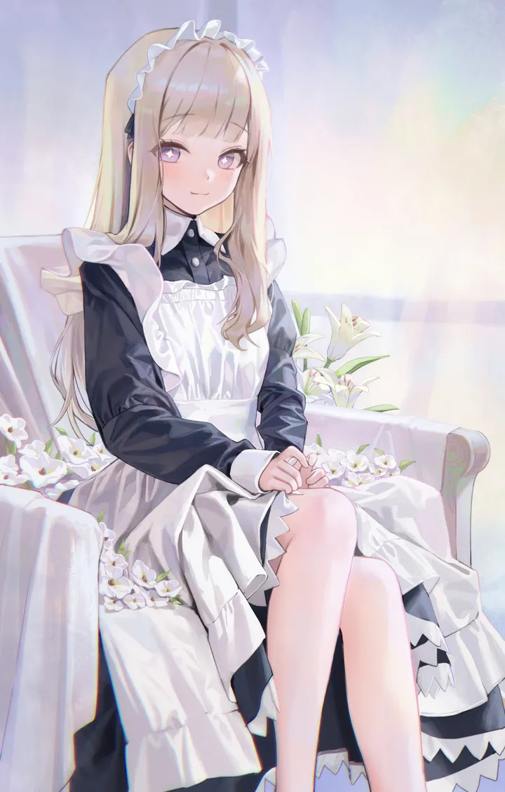 1girl,bangs,solo,feet_out_of_frame,closed_mouth,apron,sitting,maid,maid_apron,maid_headdress,chair,white_apron,white_flower,looking_at_viewer,vertical,smile,purple_eyes,blush,frills,dress,blonde_hair,long_hair,long_sleeves,flower,black_dress