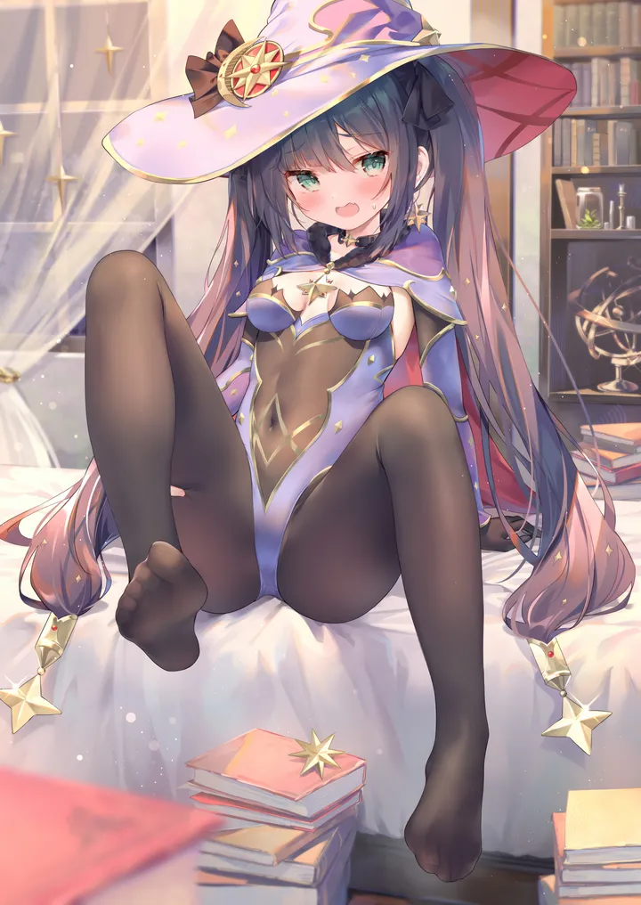 1girl,detached_sleeves,medium_breasts,book,bookshelf,breasts,bangs,solo,twintails,on_bed,sitting,thighs,thighlet,witch_hat,indoors,hat_ornament,hat,open_mouth,very_long_hair,gloves,cape,star_symbol,star_earrings,fur_collar,no_shoes,jewelry,looking_at_viewer,torn_clothes,window,curtains,vertical,leotard,purple_headwear,purple_leotard,green_eyes,earrings,feet,toes,blush,blue_headwear,blue_leotard,small_breasts,bodystocking,pantyhose,gold_trim,long_hair,covered_navel,choker,highleg,highleg_leotard,black_hair,black_gloves,black_pantyhose,black_choker