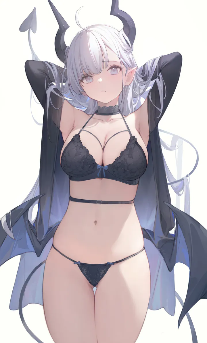 1girl,cowboy_shot,arms_up,breasts,cleavage,underwear,panties,solo,arms_behind_head,ahoge,thighs,thigh_gap,hair_on_horn,jacket,lingerie,pointy_ears,stomach,tail,very_long_hair,parted_lips,demon_girl,demon_tail,demon_wings,demon_horns,string_bra,simple_background,ass_visible_through_thighs,white_hair,white_background,looking_at_viewer,vertical,standing,string_panties,wings,navel,bra,armpits,low_wings,horns,open_jacket,open_clothes,large_breasts,collarbone,long_hair,choker,black_panties,black_bra,black_choker