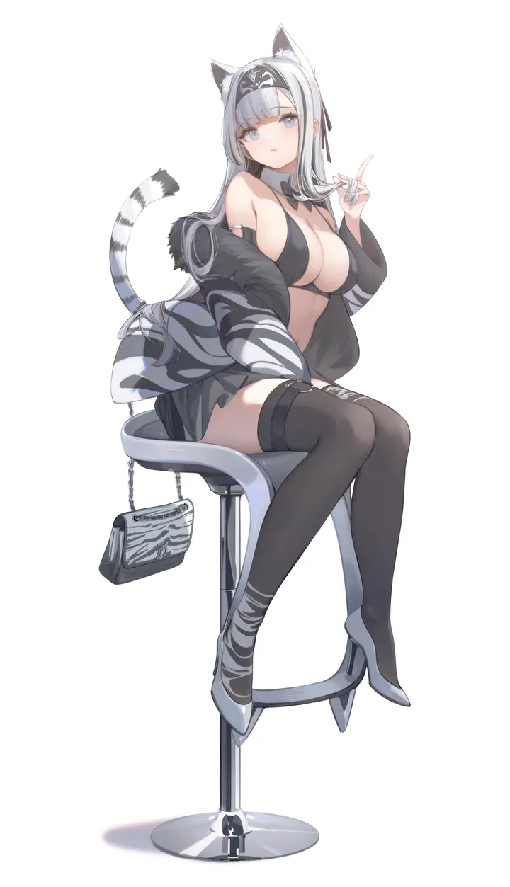 1girl,breasts,cleavage,full_body,animal_ears,stool,bangs,animal_print,bag,solo,hairband,closed_mouth,sitting,jacket,stomach,tail,handbag,hand_up,simple_background,bikini,fur_trim,swimsuit,grey_hair,white_hair,white_jacket,white_background,white_footwear,pleated_skirt,blunt_bangs,looking_at_viewer,skirt,vertical,string_bikini,zettai_ryouiki,animal_ear_fluff,blue_eyes,tiger_girl,tiger_tail,tiger_print,tiger_ears,open_jacket,open_clothes,large_breasts,thighhighs,miniskirt,long_hair,long_sleeves,bare_shoulders,off_shoulder,detached_collar,high_heels,black_jacket,black_bikini,black_skirt,black_thighhighs