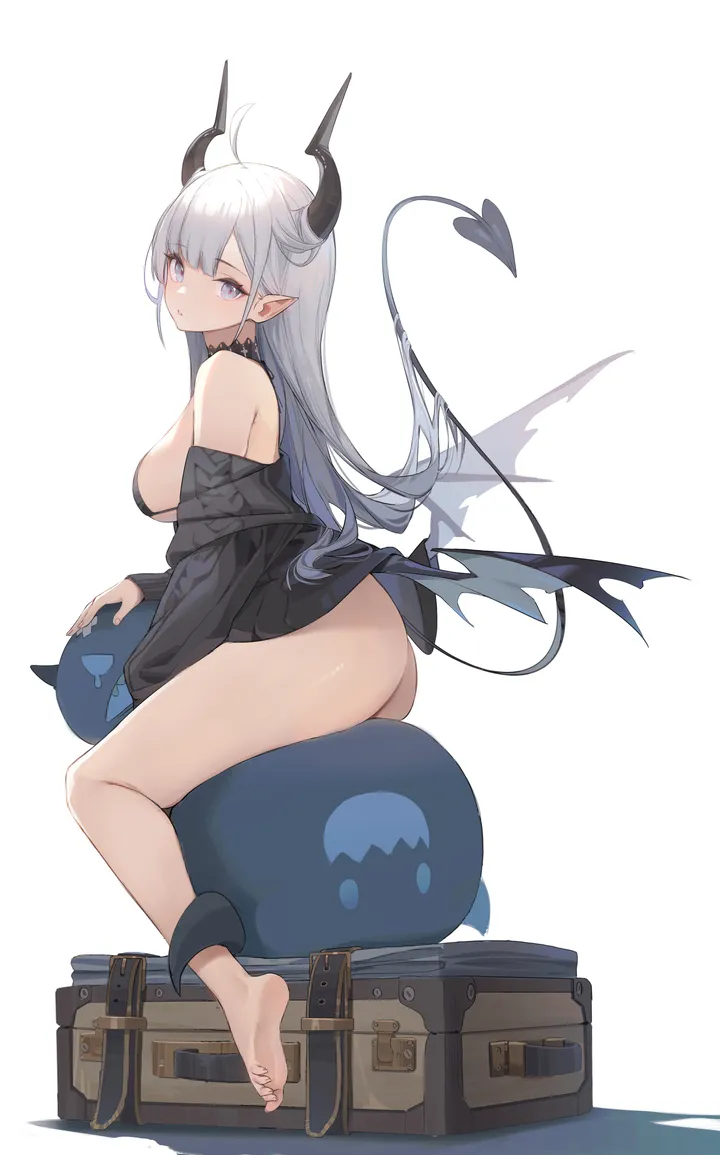 1girl,breasts,from_side,full_body,bangs,solo,ahoge,closed_mouth,sitting,thighs,hair_on_horn,pointy_ears,tail,ass,demon_girl,demon_tail,demon_wings,demon_horns,suitcase,simple_background,bikini,sweater,swimsuit,white_hair,white_background,looking_at_viewer,ear_piercing,vertical,string_bikini,wings,bra,feet,toes,low_wings,blue_eyes,barefoot,bottomless,horns,large_breasts,long_hair,long_sleeves,bare_shoulders,off_shoulder,black_bikini,black_sweater,black_bra