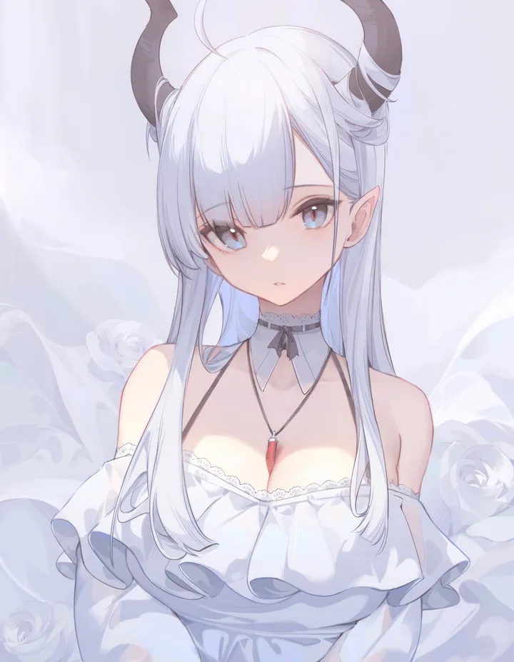 1girl,detached_sleeves,breasts,cleavage,upper_body,bangs,solo,ahoge,closed_mouth,hair_on_horn,between_breasts,pointy_ears,parted_lips,demon_horns,simple_background,rose,jewelry,white_hair,white_rose,white_background,white_flower,white_dress,looking_at_viewer,vertical,frills,blue_eyes,horns,large_breasts,dress,long_hair,bare_shoulders,off_shoulder,off-shoulder_dress,necklace,detached_collar,flower