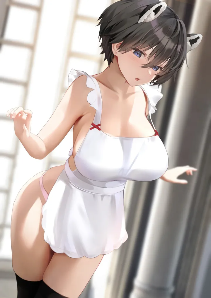 1girl,cowboy_shot,breasts,cleavage,sideboob,animal_ears,underwear,panties,bangs,nearly_naked_apron,solo,hands_up,apron,thighs,indoors,huge_breasts,hair_between_eyes,open_mouth,blurry,blurry_background,white_apron,looking_at_viewer,short_hair,vertical,standing,pink_panties,blush,frilled_apron,blue_eyes,skindentation,naked_apron,bare_arms,large_breasts,thighhighs,collarbone,bare_shoulders,black_hair,black_thighhighs