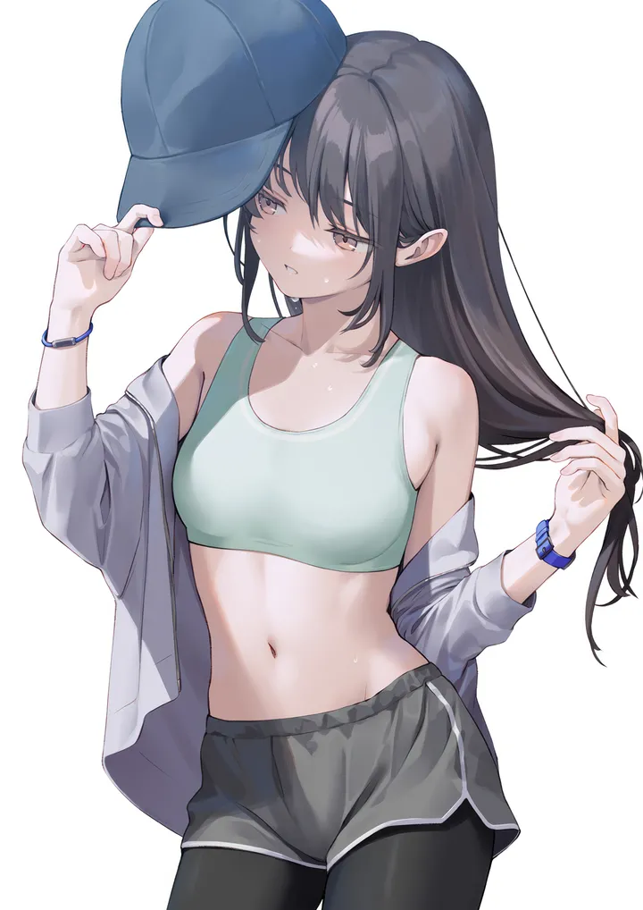 1girl,cowboy_shot,breasts,bangs,solo,hands_up,jacket,stomach,hat,parted_lips,holding_hat,holding,holding_clothes,holding_hair,headwear_removed,hat_removed,simple_background,baseball_cap,brown_eyes,dolphin_shorts,grey_jacket,white_background,shorts,looking_away,vertical,standing,short_shorts,leggings,navel,legwear_under_shorts,open_clothes,small_breasts,sports_bra,pantyhose,collarbone,long_hair,long_sleeves,midriff,bare_shoulders,off_shoulder,black_hair,black_pantyhose