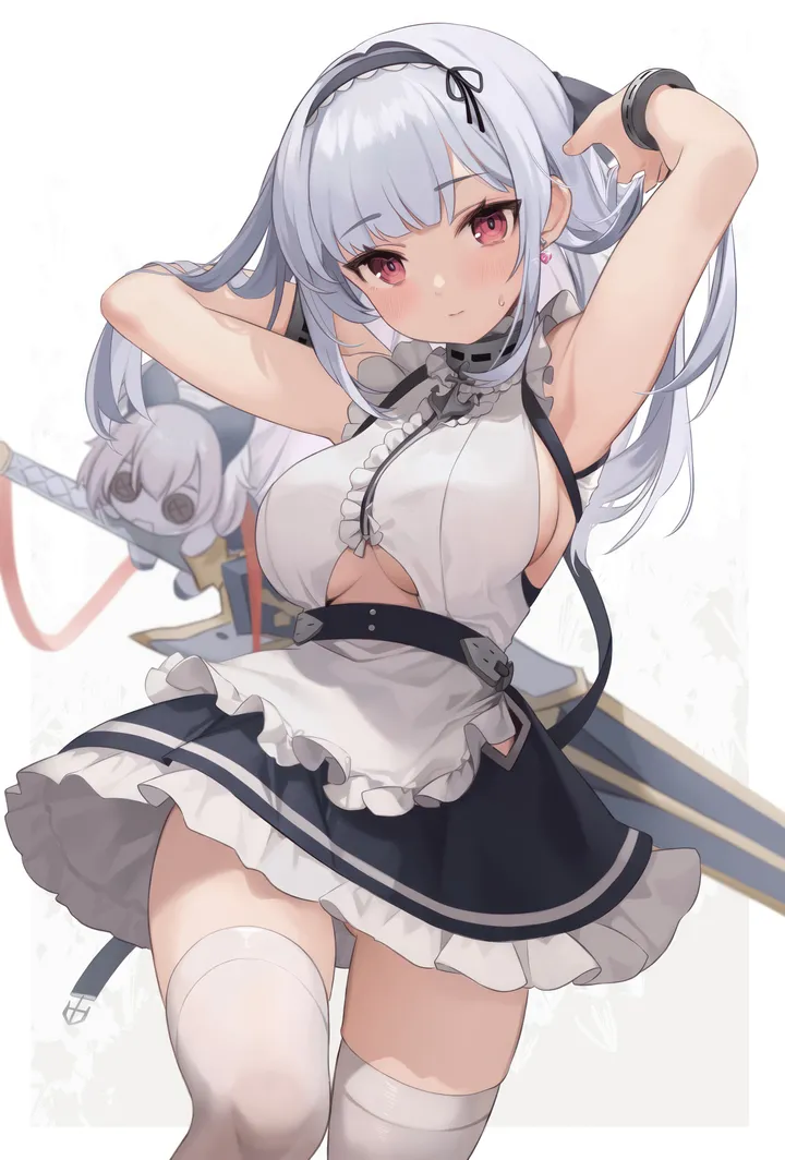 1girl,underboob,arms_up,breasts,sword,solo,hairband,closed_mouth,apron,thighs,maid,maid_apron,waist_apron,sleeveless,sleeveless_shirt,simple_background,weapon,grey_hair,jewelry,white_apron,white_hair,white_background,white_shirt,white_thighhighs,looking_at_viewer,skirt,vertical,red_eyes,zettai_ryouiki,earrings,blush,armpits,frills,underboob_cutout,shirt,clothing_cutout,large_breasts,thighhighs,long_hair,bare_shoulders,choker,black_hairband,black_skirt