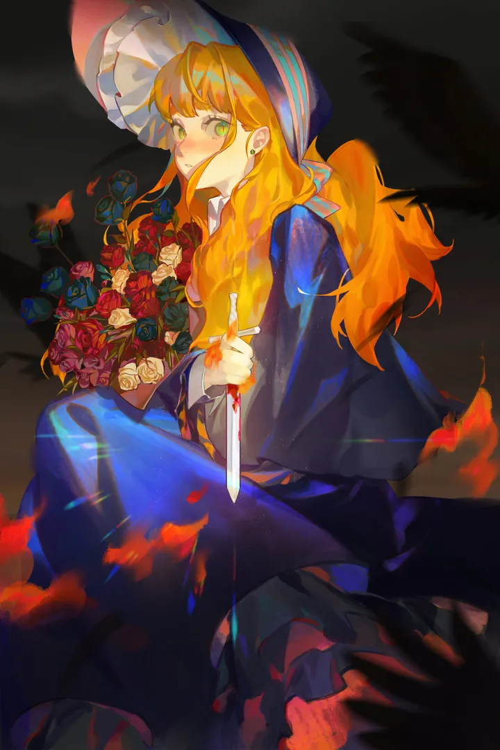 1girl,bangs,solo,bonnet,sitting,knife,hat,holding_knife,holding,orange_hair,rose,jewelry,white_flower,looking_at_viewer,vertical,red_flower,green_eyes,earrings,blush,bouquet,blue_dress,blood,dress,blonde_hair,long_hair,long_sleeves,flower