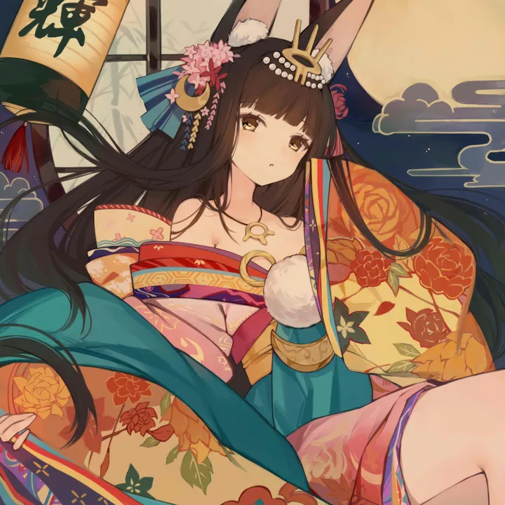 1girl,animal_ears,bangs,solo,kimono,night,hair_flower,hair_ornament,official_alternate_costume,wide_sleeves,very_long_hair,parted_lips,japanese_clothes,moon,brown_eyes,full_moon,lantern,fox_ears,jewelry,blunt_bangs,looking_at_viewer,vertical,animal_ear_fluff,floral_print,sleeves_past_wrists,long_hair,long_sleeves,bare_shoulders,off_shoulder,necklace,flower,yellow_eyes,black_hair