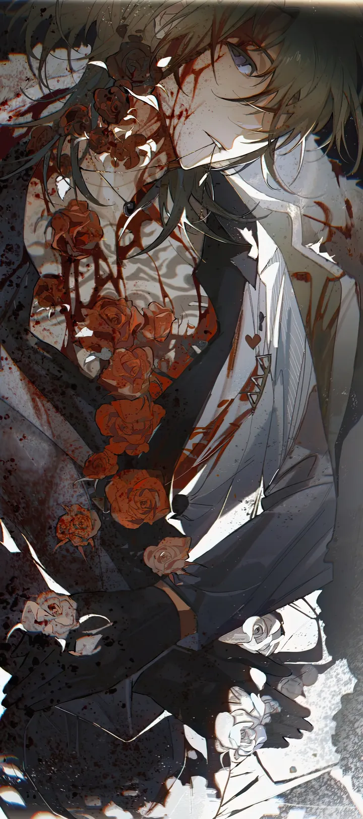 1boy,virtual_youtuber,medium_hair,upper_body,bangs,solo,jacket,hair_between_eyes,gloves,brown_hair,rose,male_focus,white_jacket,white_rose,white_flower,looking_at_viewer,vertical,red_rose,red_flower,tattoo,chest_tattoo,blood_on_face,blue_eyes,blood,blood_on_clothes,shirt,open_clothes,flower,black_gloves,black_shirt