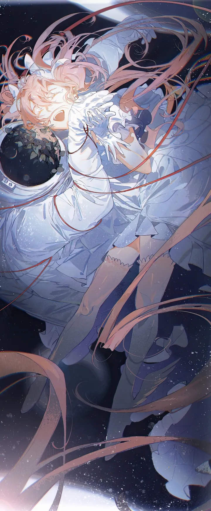 1girl,ribbon,upper_teeth_only,full_body,layered_dress,bangs,solo,hands_up,closed_eyes,earth_planet,sky,hair_ribbon,space,two_side_up,open_mouth,very_long_hair,gloves,star_sky,starry_sky,floating,white_ribbon,white_gloves,white_thighhighs,white_dress,white_choker,vertical,smile,pink_hair,red_ribbon,wings,frills,frilled_dress,bow,hair_bow,planet,absurdly_long_hair,thighhighs,dress,long_hair,facing_viewer,choker,floating_hair,high_heels