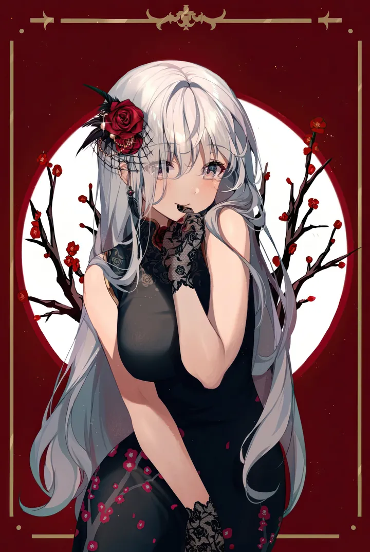 1girl,chinese_clothes,breasts,bangs,solo,print_dress,closed_mouth,hair_flower,hair_ornament,hair_between_eyes,very_long_hair,gloves,hand_up,china_dress,sleeveless,sleeveless_dress,branch,grey_hair,grey_eyes,rose,jewelry,looking_at_viewer,vertical,smile,red_rose,red_background,red_flower,earrings,blush,floral_print,lace,lace_gloves,lace_trim,bare_arms,large_breasts,dress,eyes_visible_through_hair,long_hair,bare_shoulders,flower,black_gloves,black_dress