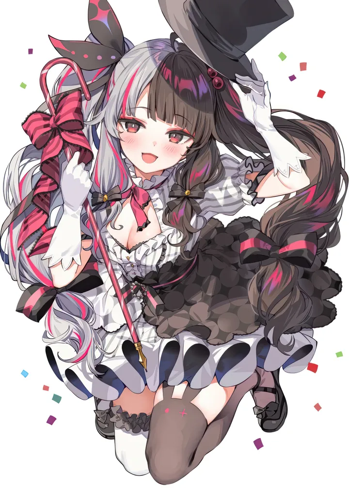 1girl,virtual_youtuber,mismatched_legwear,asymmetrical_legwear,ribbon,medium_breasts,breasts,cleavage,full_body,split-color_hair,bangs,animal_ear_legwear,solo,two-tone_hair,twintails,garter_straps,multicolored_hair,hair_ribbon,hair_ornament,hair_bobbles,hat,confetti,open_mouth,very_long_hair,gloves,holding_hat,holding,streaked_hair,headwear_removed,hat_removed,simple_background,cane,striped,grey_hair,white_gloves,white_background,white_dress,looking_at_viewer,short_sleeves,skirt,vertical,vertical_stripes,smile,red_hair,red_eyes,blush,frills,puffy_short_sleeves,puffy_sleeves,bow,hair_bow,thighhighs,dress,long_hair,shoes,top_hat,black_ribbon,black_hair,black_headwear,black_bow,black_footwear