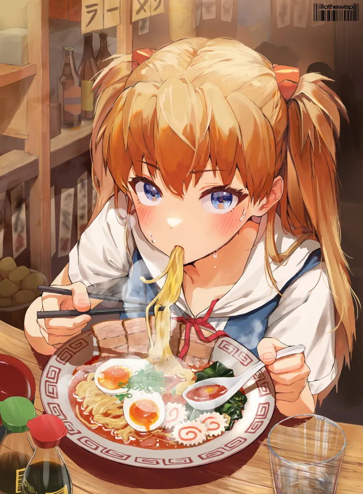 1girl,ribbon,bangs,solo,eating,two_side_up,ramen,holding,holding_spoon,holding_chopsticks,cup,school_uniform,orange_hair,sweat,spoon,bottle,white_shirt,looking_at_viewer,short_sleeves,bowl,vertical,chopsticks,blush,steam,blue_eyes,egg,shirt,long_hair,noodles,food