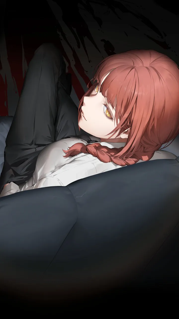 1girl,braid,medium_breasts,breasts,from_above,bangs,solo,looking_back,ringed_eyes,sitting,collared_shirt,formal,white_shirt,looking_at_viewer,vertical,red_hair,from_behind,blood,blood_splatter,shirt,pants,suit,long_hair,necktie,braided_ponytail,yellow_eyes,black_pants