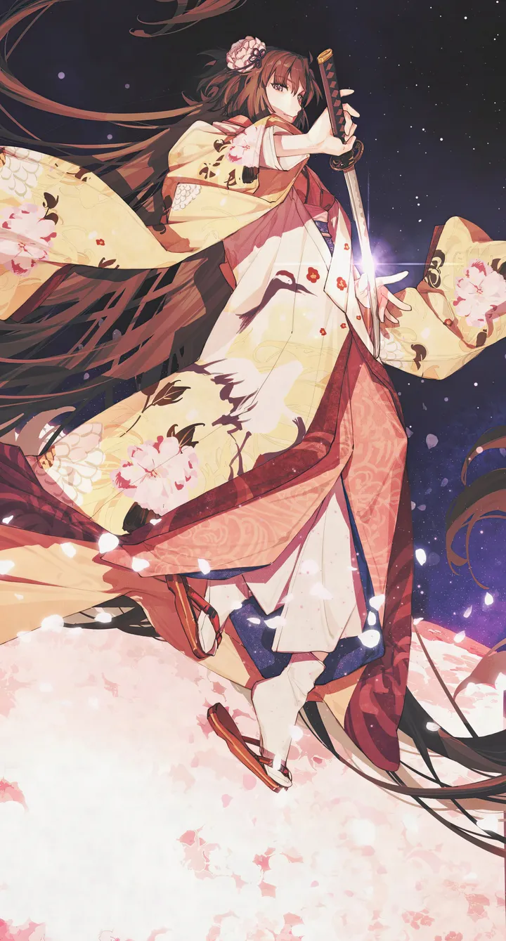 1girl,full_body,sandals,sword,sheath,solo,kimono,sky,hair_flower,hair_ornament,wide_sleeves,very_long_hair,holding_sword,holding_weapon,holding,japanese_clothes,katana,brown_hair,brown_eyes,cherry_blossoms,unsheathing,weapon,looking_at_viewer,vertical,floral_print,petals,absurdly_long_hair,long_hair,flower