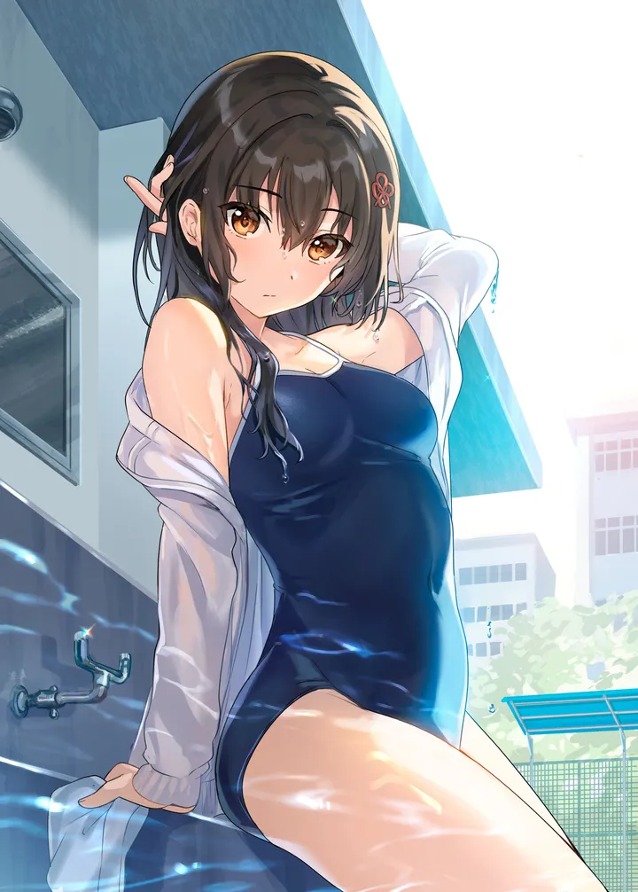 1girl,one-piece_swimsuit,cowboy_shot,medium_breasts,arm_up,breasts,bangs,solo,arm_behind_head,closed_mouth,poolside,sitting,thighs,hair_ornament,jacket,hair_between_eyes,building,outdoors,fence,brown_eyes,school_swimsuit,towel,water,pool,swimsuit,hand_in_own_hair,day,white_jacket,looking_at_viewer,vertical,blush,blue_one-piece_swimsuit,wet_hair,wet_clothes,wet,open_jacket,open_clothes,competition_school_swimsuit,small_breasts,chain-link_fence,long_hair,long_sleeves,covered_navel,bare_shoulders,off_shoulder,black_hair