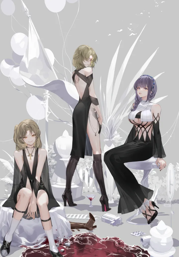 3girls,braid,underboob,detached_sleeves,breasts,side_slit,full_body,bangs,cross_necklace,cross,kneehighs,closed_mouth,sitting,multiple_girls,hand_between_legs,simple_background,cup,balloon,jewelry,looking_at_viewer,alternate_costume,vertical,standing,smile,purple_hair,purple_eyes,wine_glass,wine,blood,socks,clothing_cutout,large_breasts,dress,alcohol,drinking_glass,blonde_hair,long_hair,long_sleeves,long_dress,bare_shoulders,shoes,necklace,high_heels,black_dress,black_footwear