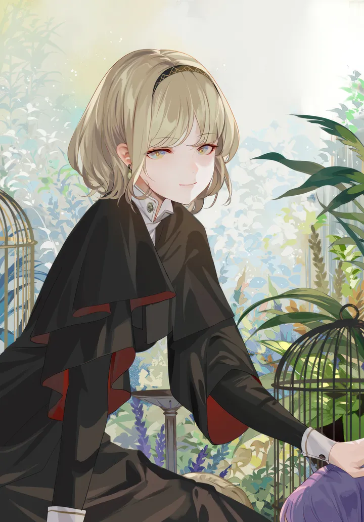 1girl,2girls,bangs,hairband,closed_mouth,sitting,multiple_girls,capelet,plant,jewelry,short_hair,vertical,smile,cage,purple_hair,earrings,shirt,dress,blonde_hair,long_sleeves,flower,birdcage,yellow_eyes,black_dress