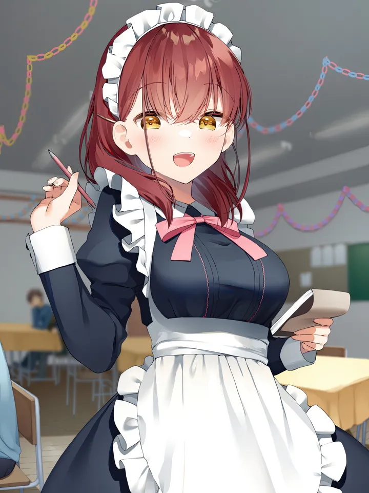 1girl,1boy,desk,breasts,bangs,solo_focus,apron,maid,maid_apron,maid_headdress,indoors,open_mouth,holding,holding_pen,classroom,depth_of_field,juliet_sleeves,brown_hair,chair,blurry,blurry_background,white_apron,looking_at_viewer,vertical,smile,pen,pink_bow,red_hair,blush,frills,frilled_apron,puffy_sleeves,bow,school_desk,large_breasts,dress,long_sleeves,yellow_eyes,chalkboard,black_dress