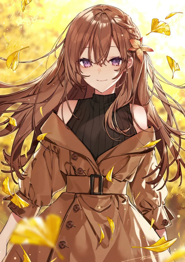 1girl,braid,bangs,solo,leaf,closed_mouth,coat,hair_ornament,hair_between_eyes,outdoors,sleeveless,sleeveless_sweater,depth_of_field,brown_coat,brown_hair,ribbed_sweater,blurry,blurry_background,sweater,belt,looking_at_viewer,autumn,autumn_leaves,vertical,smile,purple_eyes,falling_leaves,ginkgo_leaf,long_hair,long_sleeves,bare_shoulders,off_shoulder,turtleneck,black_sweater