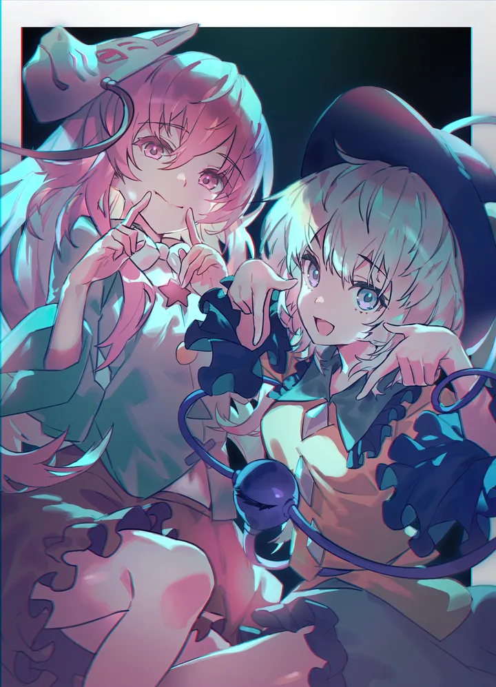 2girls,bangs,closed_mouth,multiple_girls,wide_sleeves,hat,hair_between_eyes,open_mouth,heart,heart_of_string,mask_on_head,fingersmile,fox_mask,looking_at_viewer,short_hair,skirt,vertical,smile,third_eye,pink_hair,pink_eyes,pink_skirt,green_hair,green_eyes,green_skirt,frills,frilled_sleeves,blue_shirt,bow,shirt,long_hair,long_sleeves,mask,yellow_shirt,black_headwear,black_background