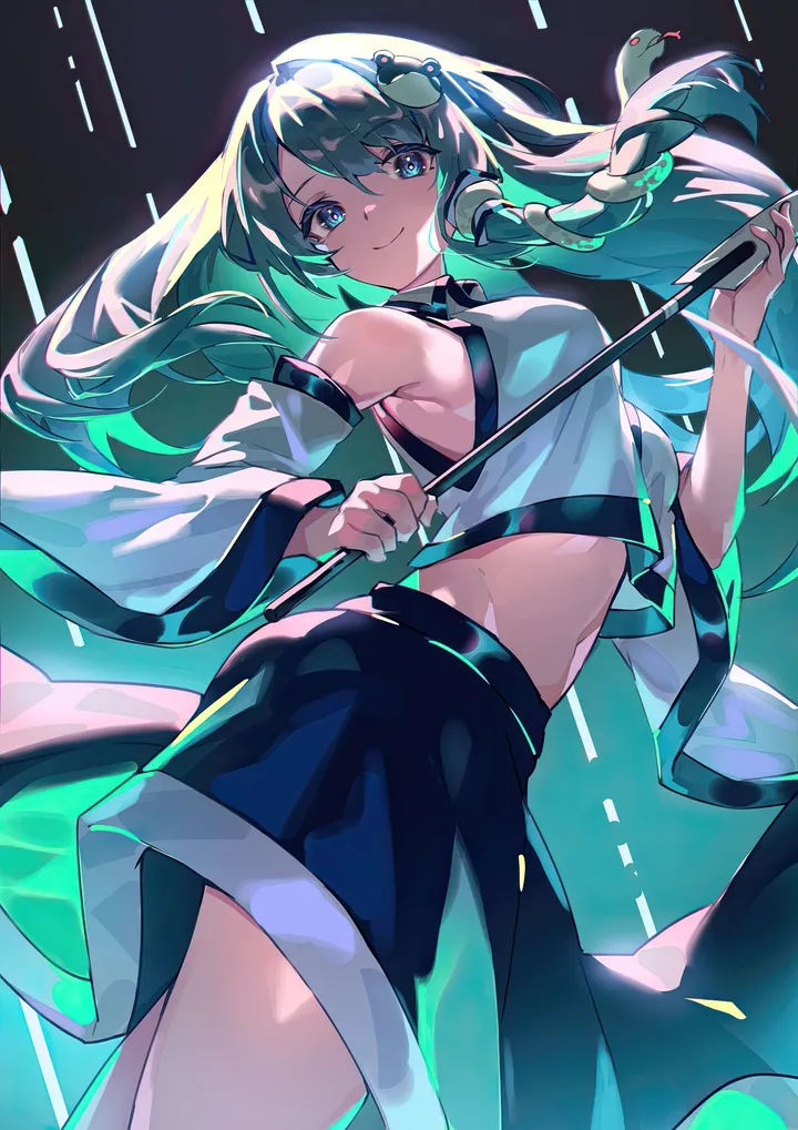 1girl,cowboy_shot,detached_sleeves,medium_breasts,breasts,bangs,solo,closed_mouth,hair_ornament,wide_sleeves,gohei,holding,nontraditional_miko,hair_tubes,white_shirt,looking_at_viewer,skirt,vertical,smile,green_hair,blue_eyes,blue_skirt,snake_hair_ornament,shirt,long_hair,midriff,bare_shoulders,frog_hair_ornament