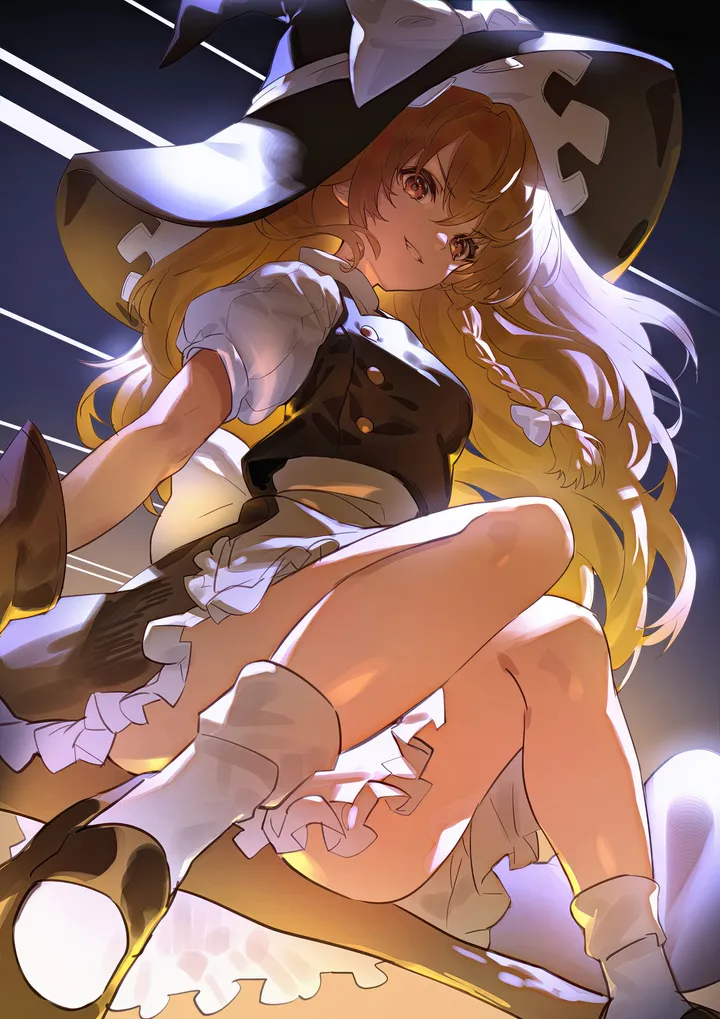 1girl,braid,breasts,bangs,solo,single_braid,apron,sitting,witch_hat,hat_bow,hat,hair_between_eyes,broom,white_bow,white_shirt,white_socks,looking_at_viewer,short_sleeves,skirt,vertical,smile,buttons,vest,frills,puffy_short_sleeves,puffy_sleeves,bow,hair_bow,shirt,socks,dress,blonde_hair,long_hair,shoes,broom_riding,yellow_eyes,black_headwear,black_skirt,black_dress,black_footwear,black_vest