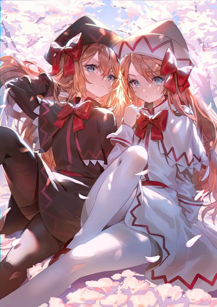 2girls,bangs,dual_persona,closed_mouth,sitting,multiple_girls,fairy_wings,capelet,hat_bow,hat,hair_between_eyes,outdoors,cherry_blossoms,holding_hands,hand_in_own_hair,white_headwear,white_capelet,white_dress,looking_at_viewer,vertical,smile,red_bow,red_bowtie,wings,petals,blue_eyes,bow,dress,pantyhose,blonde_hair,long_hair,long_sleeves,bowtie,black_headwear,black_capelet,black_dress