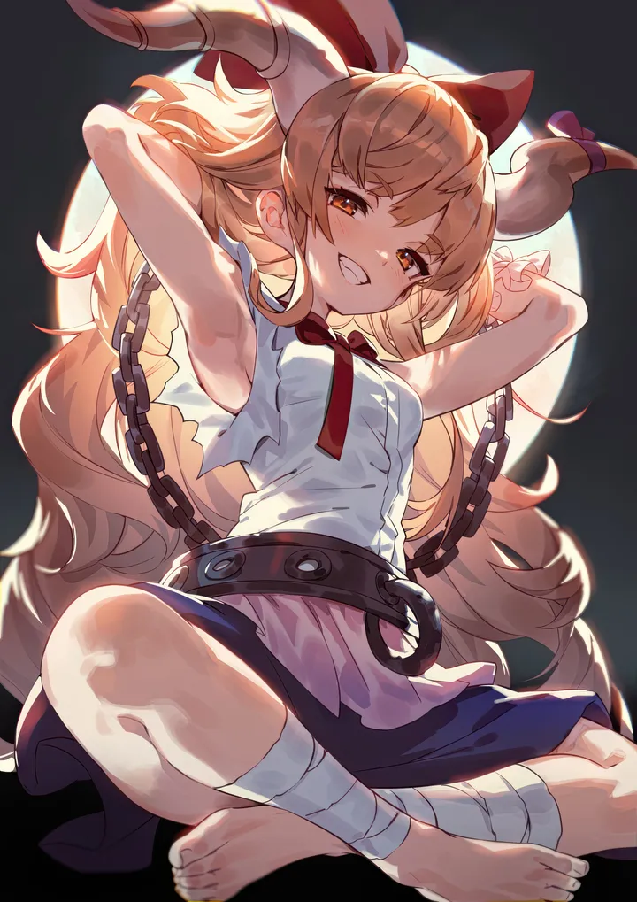 1girl,ribbon,arms_up,breasts,full_body,bangs,solo,arms_behind_head,sitting,night,sidelocks,very_long_hair,sleeveless,sleeveless_shirt,moon,orange_hair,orange_eyes,full_moon,teeth,hands_in_hair,white_shirt,belt,indian_style,looking_at_viewer,skirt,torn_clothes,torn_sleeves,vertical,smile,purple_ribbon,purple_skirt,red_bow,red_bowtie,bandaged_leg,bandages,feet,toes,blush,armpits,blue_skirt,bow,hair_bow,shirt,barefoot,horns,horn_ornament,horn_ribbon,horn_bow,small_breasts,cuffs,chain,shackles,long_hair,grin,bowtie,oni,oni_horns,black_background