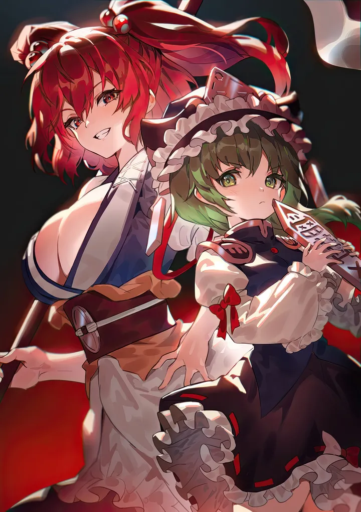 2girls,cowboy_shot,asymmetrical_hair,ribbon,ribbon_trim,ribbon-trimmed_skirt,breasts,cleavage,bangs,obi,closed_mouth,multiple_girls,scythe,hair_ornament,hair_bobbles,wide_sleeves,two_side_up,frilled_hat,hat,rod_of_remorse,holding_scythe,holding,japanese_clothes,sash,juliet_sleeves,teeth,looking_at_viewer,short_hair,skirt,coin,vertical,smile,red_hair,red_eyes,green_hair,green_eyes,epaulettes,vest,frills,blue_vest,puffy_sleeves,bow,large_breasts,dress,long_sleeves,grin,black_skirt