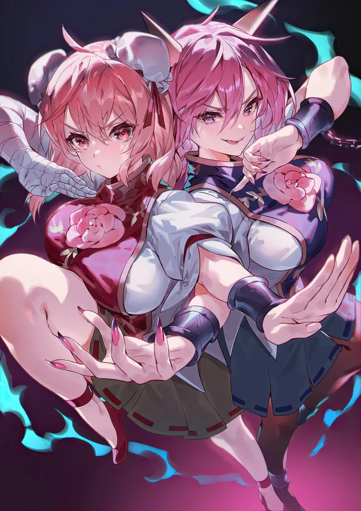 2girls,double_bun,ribbon,ribbon_trim,ribbon-trimmed_skirt,breasts,bangs,standing_on_one_leg,dual_persona,tongue_out,ahoge,closed_mouth,hair_bun,bun_cover,multiple_girls,sharp_fingernails,hair_between_eyes,fighting_stance,fingernails,nail_polish,tabard,foreshortening,gradient,gradient_background,slit_pupils,rose,white_shirt,pleated_skirt,v-shaped_eyebrows,looking_at_viewer,short_hair,short_sleeves,skirt,vertical,standing,smile,pink_hair,pink_rose,pink_eyes,pink_flower,red_ribbon,red_footwear,bandages,green_skirt,bandaged_arm,tongue,puffy_short_sleeves,puffy_sleeves,shirt,horns,large_breasts,pantyhose,cuffs,chain,shackles,long_fingernails,shoes,oni_horns,flower