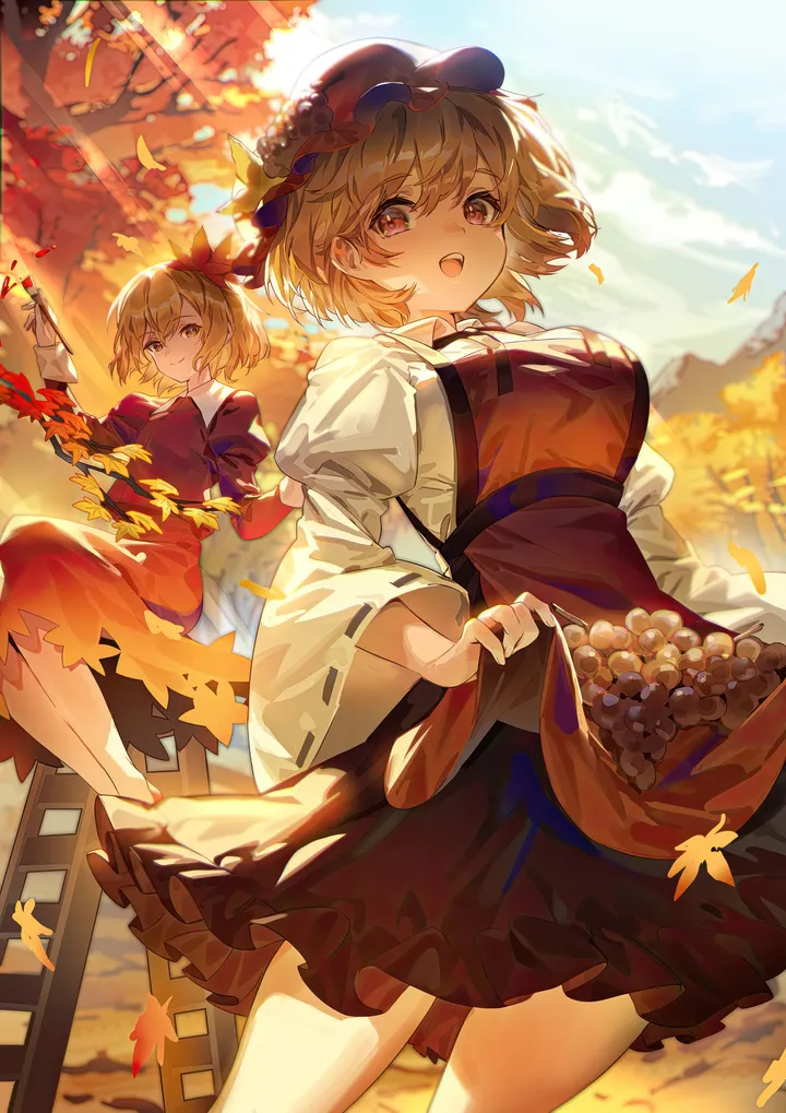 2girls,ribbon_trim,breasts,bangs,leaf,leaf_hair_ornament,closed_mouth,apron,multiple_girls,siblings,sky,hair_ornament,sisters,wide_sleeves,hat,hair_between_eyes,open_mouth,outdoors,holding,juliet_sleeves,maple_leaf,tree,orange_eyes,fruit,day,looking_at_viewer,short_hair,skirt,autumn,autumn_leaves,vertical,smile,red_apron,red_headwear,red_eyes,red_shirt,red_dress,grapes,mob_cap,puffy_sleeves,shirt,barefoot,dress,blonde_hair,long_sleeves,sunlight,food,food-themed_hair_ornament,yellow_eyes,black_skirt