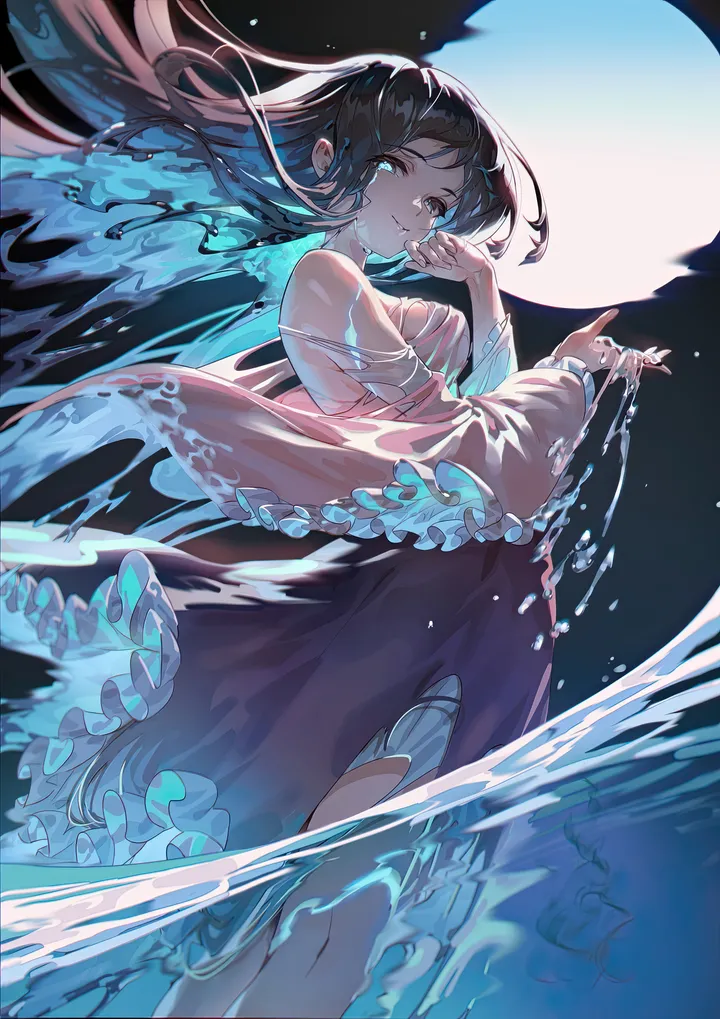 1girl,medium_breasts,breasts,from_side,bangs,solo,feet_out_of_frame,glowing,night,wide_sleeves,very_long_hair,hand_up,moon,water,full_moon,looking_at_viewer,tears,skirt,vertical,standing,smile,pink_shirt,frills,frilled_skirt,frilled_sleeves,shirt,long_hair,long_sleeves,bare_shoulders,floating_hair,black_hair