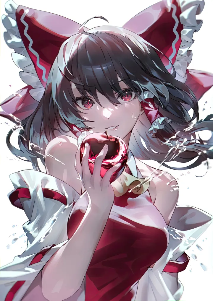 1girl,detached_sleeves,ribbon_trim,ribbon-trimmed_sleeves,breasts,upper_body,bangs,solo,ahoge,wide_sleeves,frilled_hair_tubes,hair_between_eyes,parted_lips,holding,holding_fruit,holding_food,nontraditional_miko,simple_background,hair_tubes,brown_hair,water,fruit,white_background,looking_at_viewer,vertical,smile,red_eyes,red_bow,red_vest,frills,frilled_bow,apple,bow,hair_bow,bare_shoulders,ascot,food,yellow_ascot,black_hair