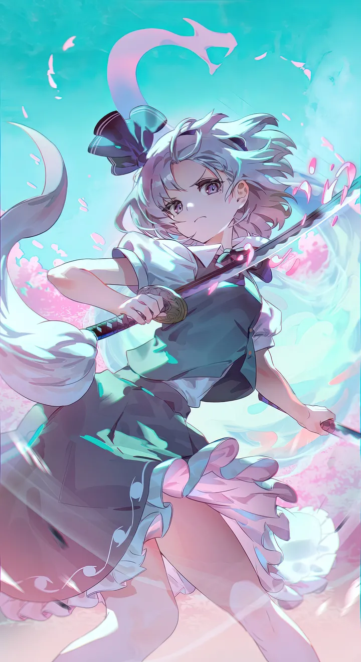 1girl,ribbon,serious,hitodama,bangs,sword,hitodama_print,solo,feet_out_of_frame,hairband,closed_mouth,sky,hair_ribbon,outdoors,holding_sword,holding_weapon,holding,katana,collared_shirt,cherry_blossoms,weapon,grey_hair,white_hair,white_shirt,v-shaped_eyebrows,looking_at_viewer,short_hair,short_sleeves,skirt,vertical,standing,purple_eyes,green_skirt,green_vest,vest,petals,frills,frilled_skirt,blue_sky,puffy_short_sleeves,puffy_sleeves,bow,shirt,skirt_set,bowtie,black_ribbon,black_hairband,black_bow,black_bowtie