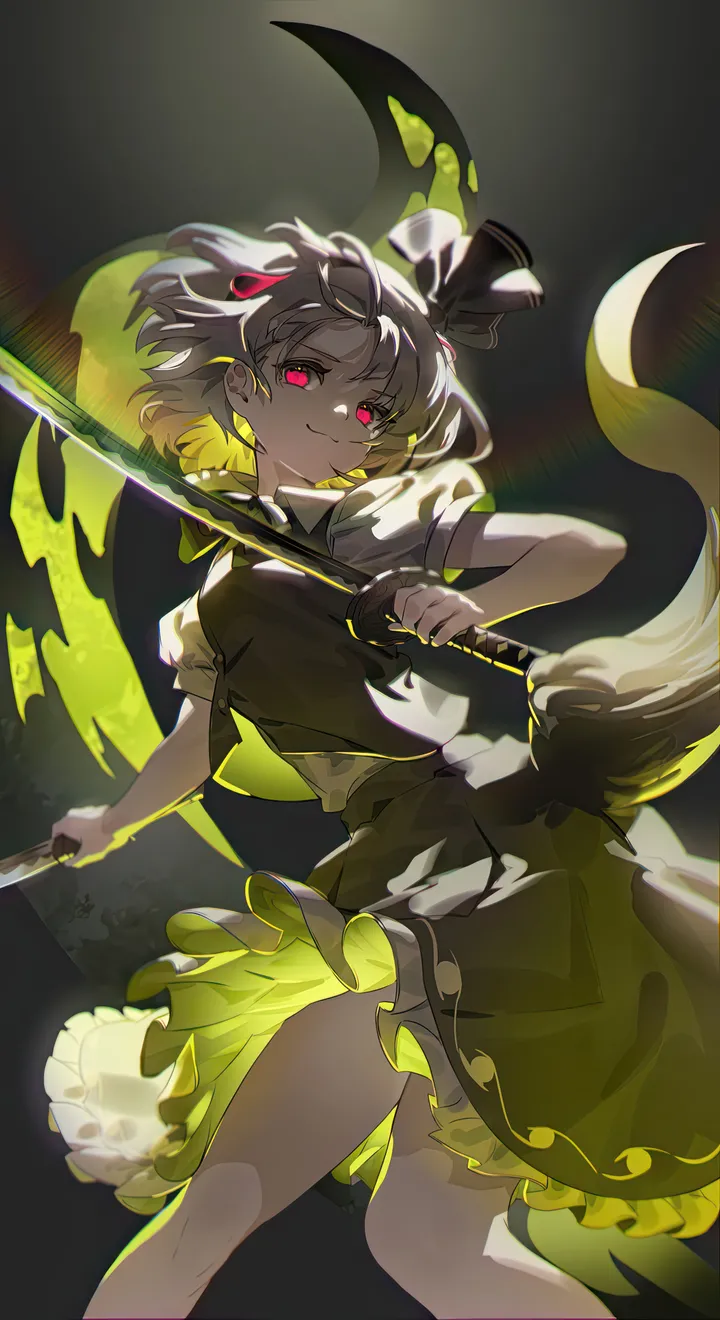 1girl,ribbon,bangs,sword,hitodama_print,solo,feet_out_of_frame,glowing,glowing_eyes,hairband,closed_mouth,hair_ribbon,holding_sword,holding_weapon,holding,katana,collared_shirt,weapon,bob_cut,grey_hair,white_hair,white_shirt,looking_at_viewer,short_hair,short_sleeves,skirt,vertical,smile,pink_eyes,red_eyes,green_skirt,green_vest,vest,frills,frilled_skirt,puffy_short_sleeves,puffy_sleeves,bow,shirt,skirt_set,bowtie,black_ribbon,black_hairband,black_background,black_bow,black_bowtie