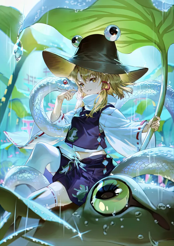 1girl,ribbon,ribbon-trimmed_legwear,ribbon_trim,ribbon-trimmed_sleeves,medium_hair,bangs,animal,animal_print,solo,tress_ribbon,leaf,leaf_umbrella,sitting,hair_ribbon,sidelocks,wide_sleeves,hat,outdoors,holding_leaf,holding,brown_headwear,water_drop,white_shirt,white_thighhighs,looking_at_viewer,skirt,vertical,smile,purple_skirt,purple_vest,red_ribbon,navel,vest,snake,shirt,skirt_set,thighhighs,blonde_hair,long_sleeves,rain,midriff,frog,turtleneck,torii,yellow_eyes