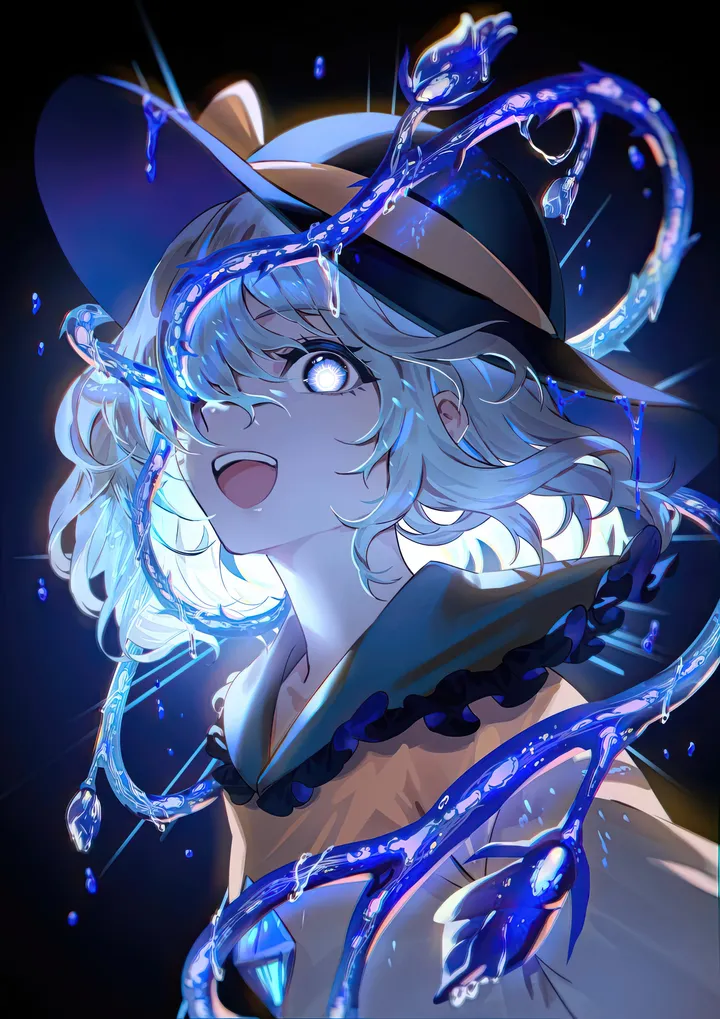 1girl,ribbon,medium_hair,upper_body,upper_teeth_only,bangs,solo,glowing,hair_over_one_eye,hat_ribbon,hat_bow,hat,hair_between_eyes,open_mouth,heart,collared_shirt,water,teeth,looking_at_viewer,short_hair,vertical,smile,symbol-shaped_pupils,third_eye,buttons,blouse,frills,frilled_shirt_collar,blue_eyes,bow,shirt,long_sleeves,fish,yellow_ribbon,yellow_bow,yellow_shirt,black_headwear,black_background