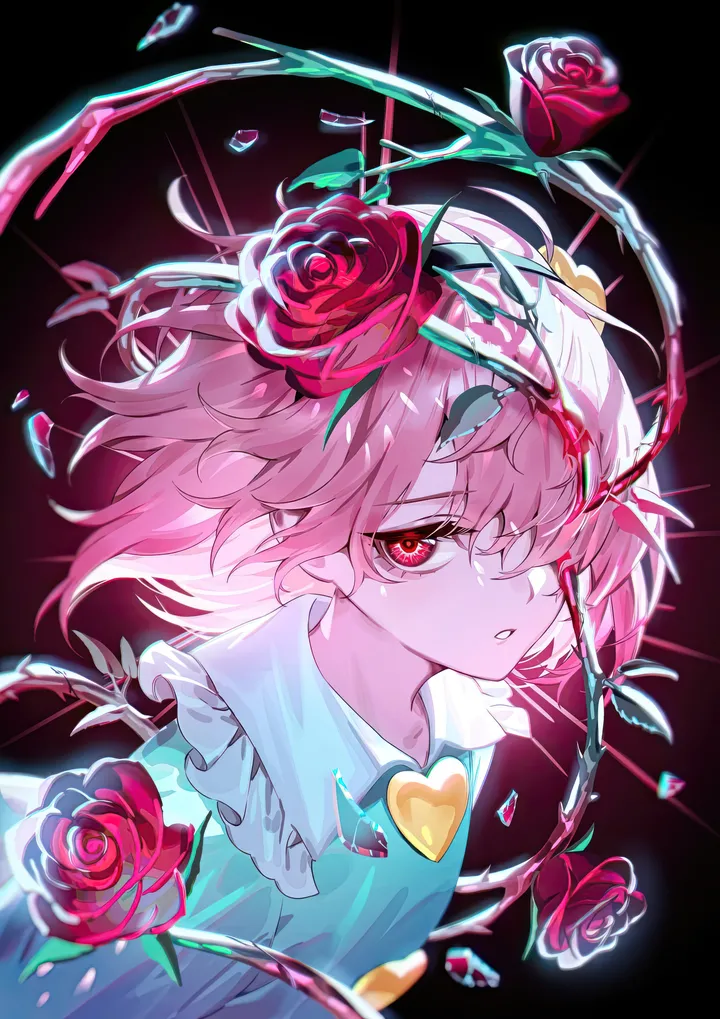 1girl,upper_body,bangs,solo,hairband,hair_flower,hair_ornament,hair_over_one_eye,parted_lips,heart,heart_hair_ornament,heart_button,plant,rose,looking_at_viewer,short_hair,vertical,third_eye,pink_hair,red_rose,red_eyes,red_flower,buttons,blouse,frills,frilled_shirt_collar,thorns,blue_shirt,vines,blood,shirt,flower,black_background