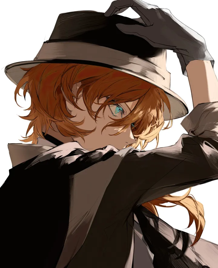 1boy,arm_up,upper_body,from_side,bangs,solo,jacket,hat,hair_between_eyes,gloves,hand_on_headwear,simple_background,orange_hair,male_focus,white_gloves,white_background,vertical,blue_eyes,shirt,fedora,long_hair,black_headwear,black_jacket